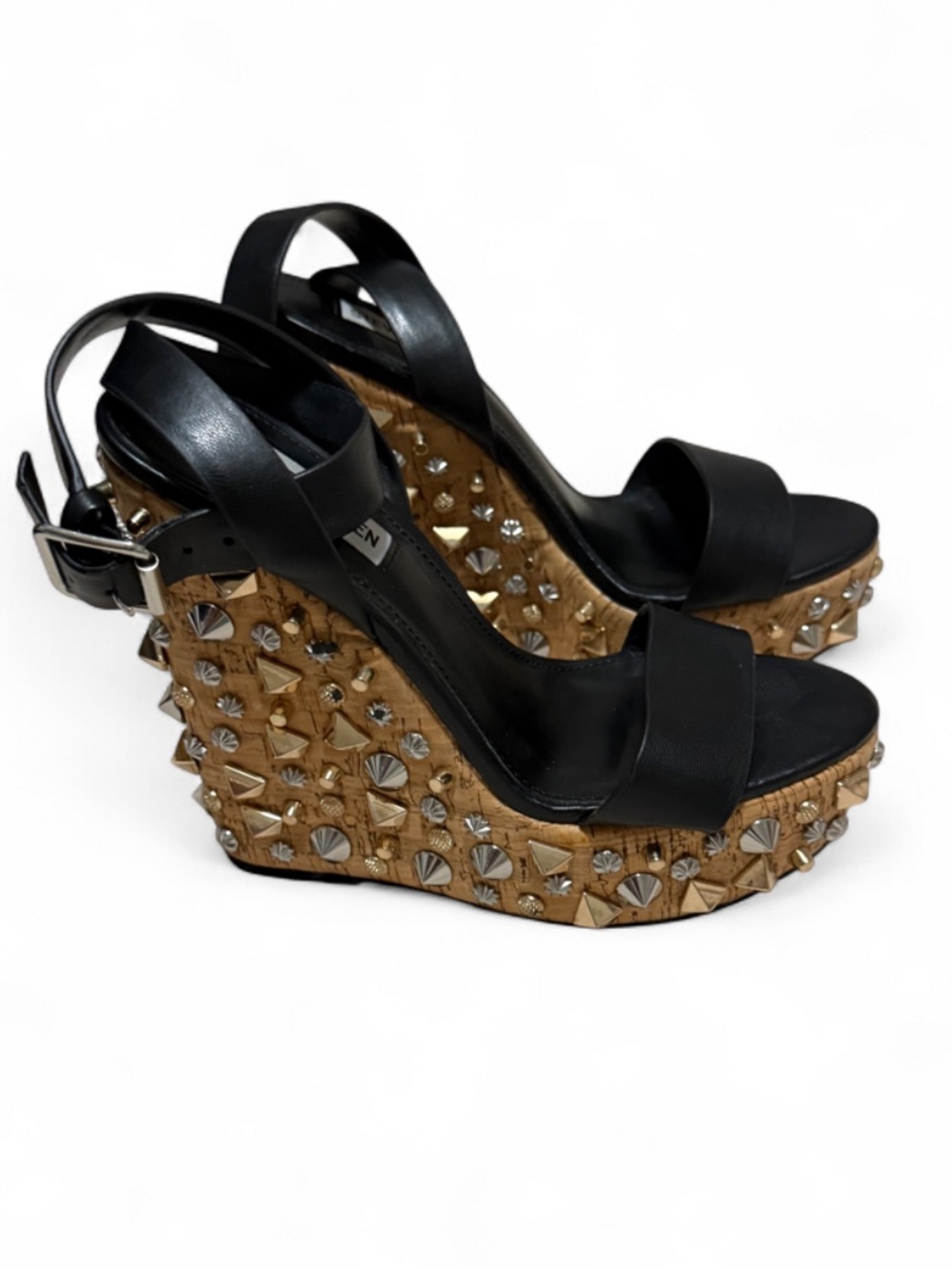 Steven Madden Black Leather Studded Wedge Sandals with Tan Wrapped Platform